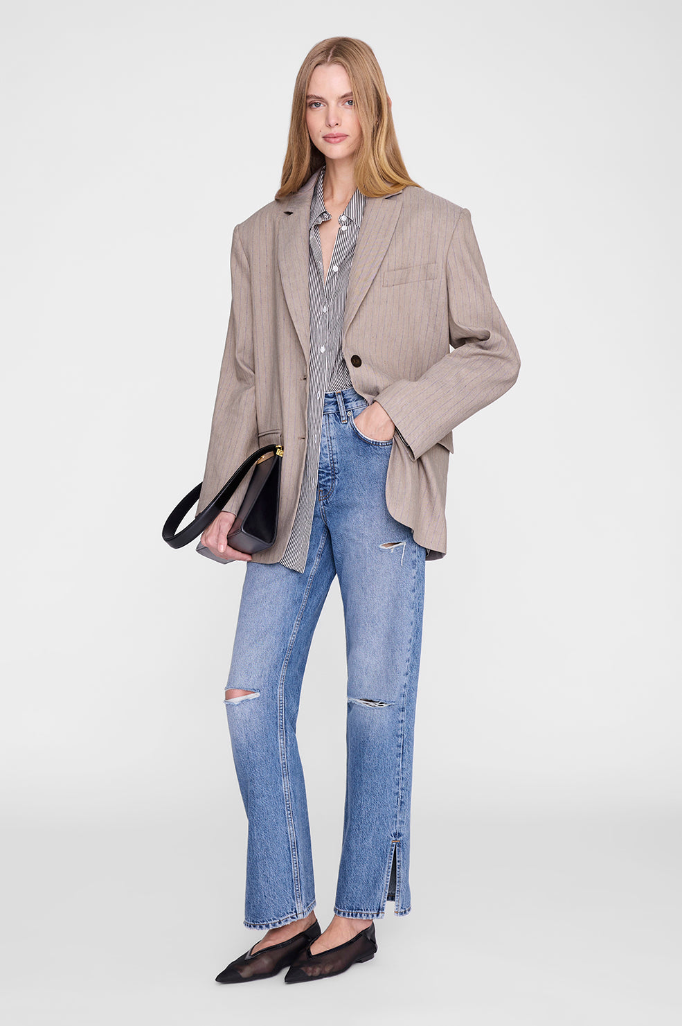 Quinn Blazer - Taupe and Blue Pinstripe