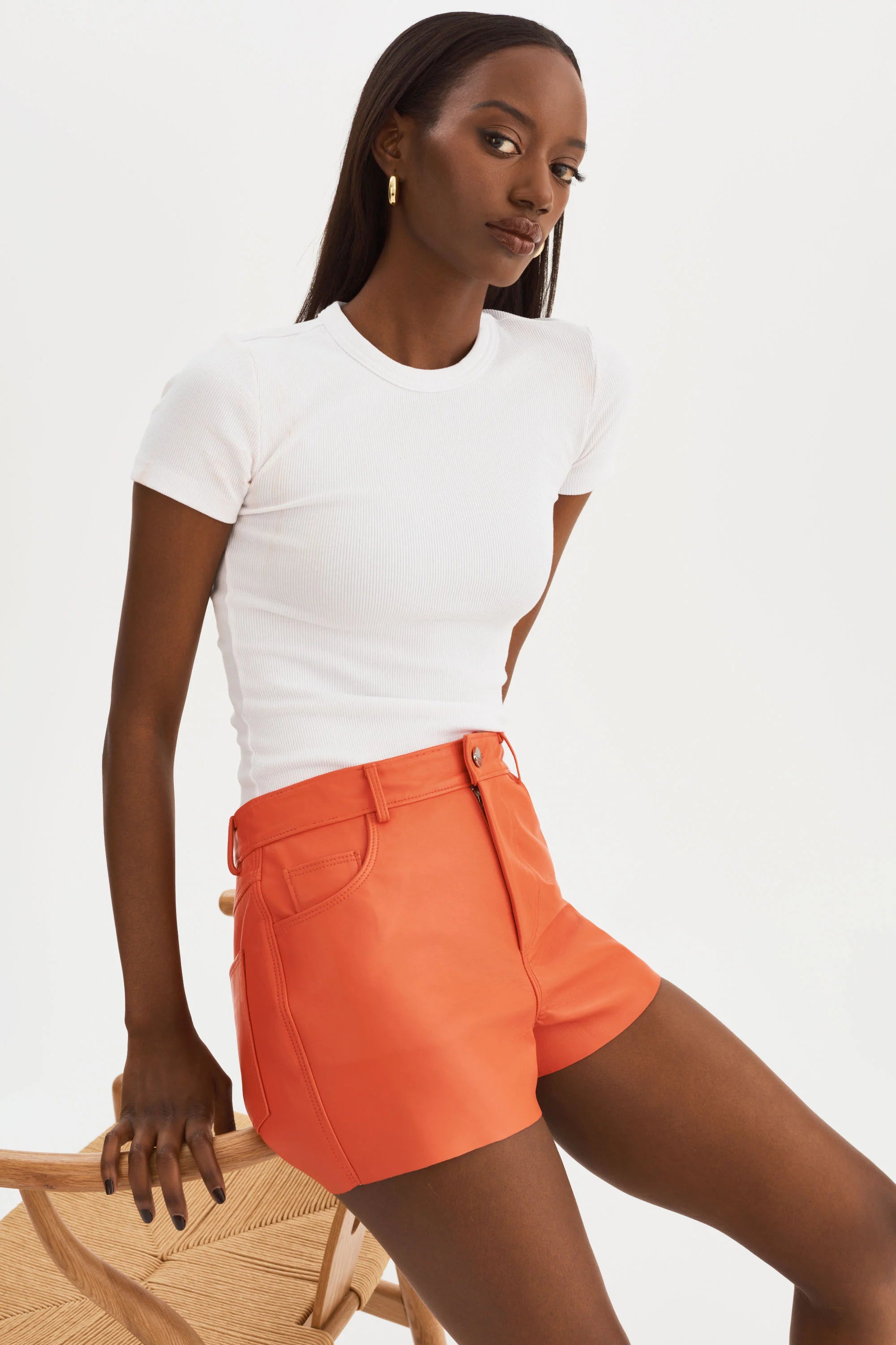 Anika Spora Spicy Orange Leather Shorts - Lamarque