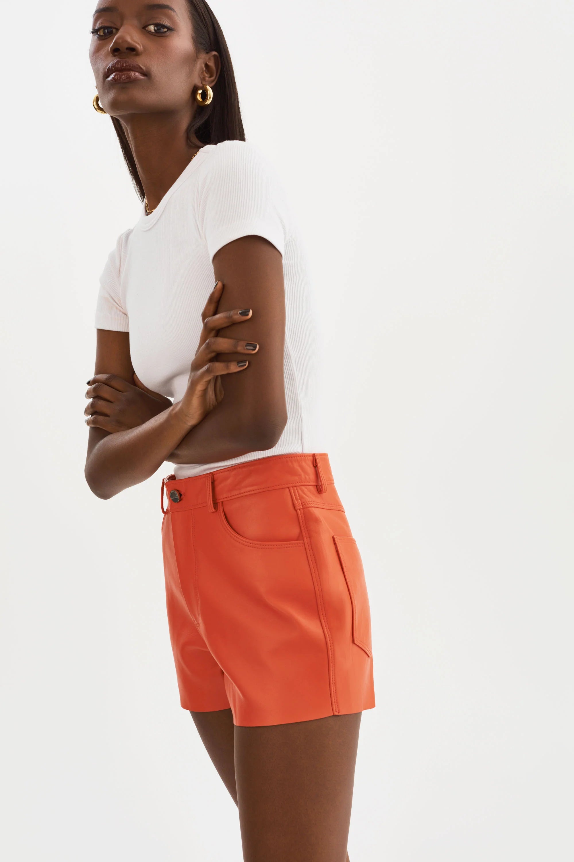 Anika Spora Spicy Orange Leather Shorts - Lamarque