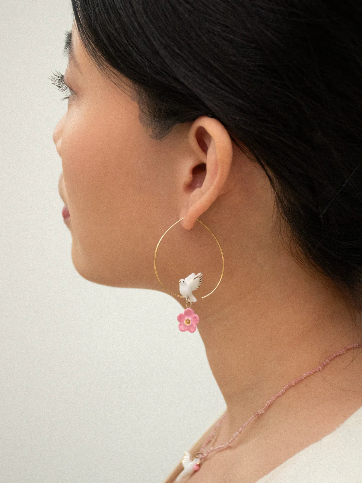 Flying Dove with Forget-me-not Flower Hoop Earrings