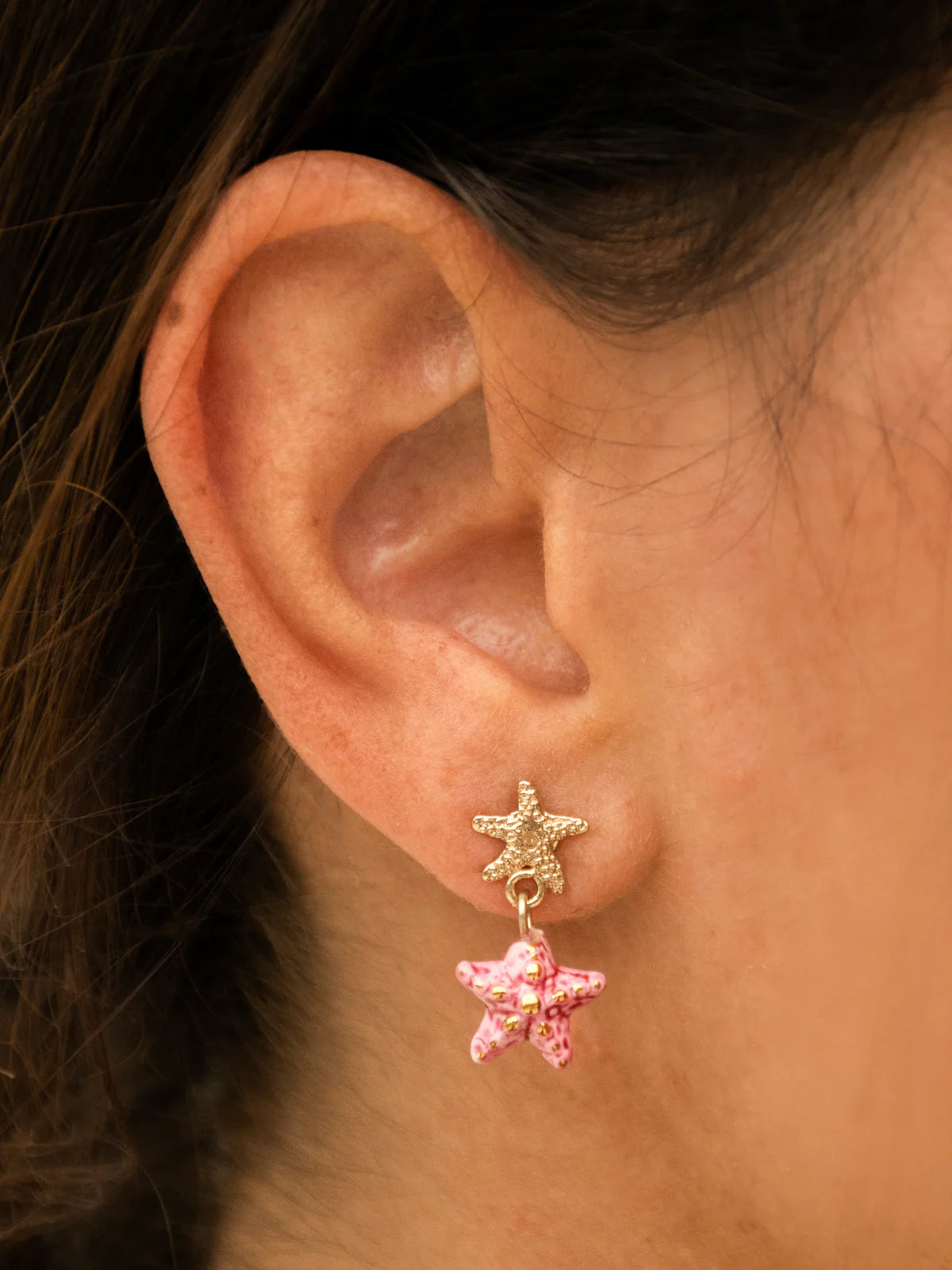 Gold and Pink Starfish Pendant Earrings Aloha
