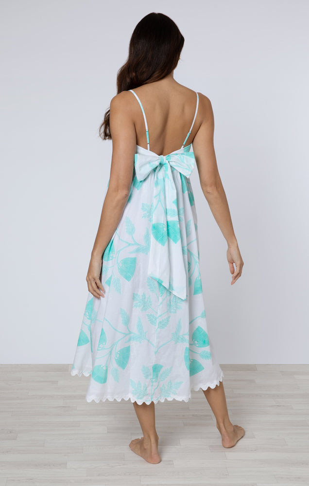 Tie Back Midi Dress W/ Bellflower Block Print - Juliet Dunn
