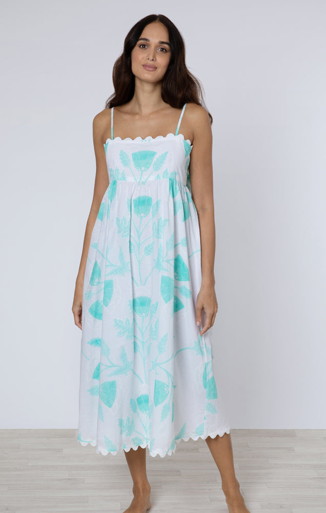 Tie Back Midi Dress W/ Bellflower Block Print - Juliet Dunn