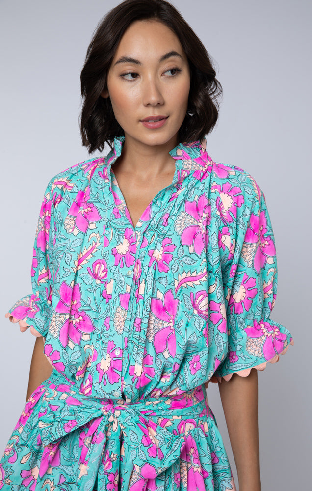Poplin Blouson Dress W/ Block Print & Ric Rac Trim - Juliet Dunn