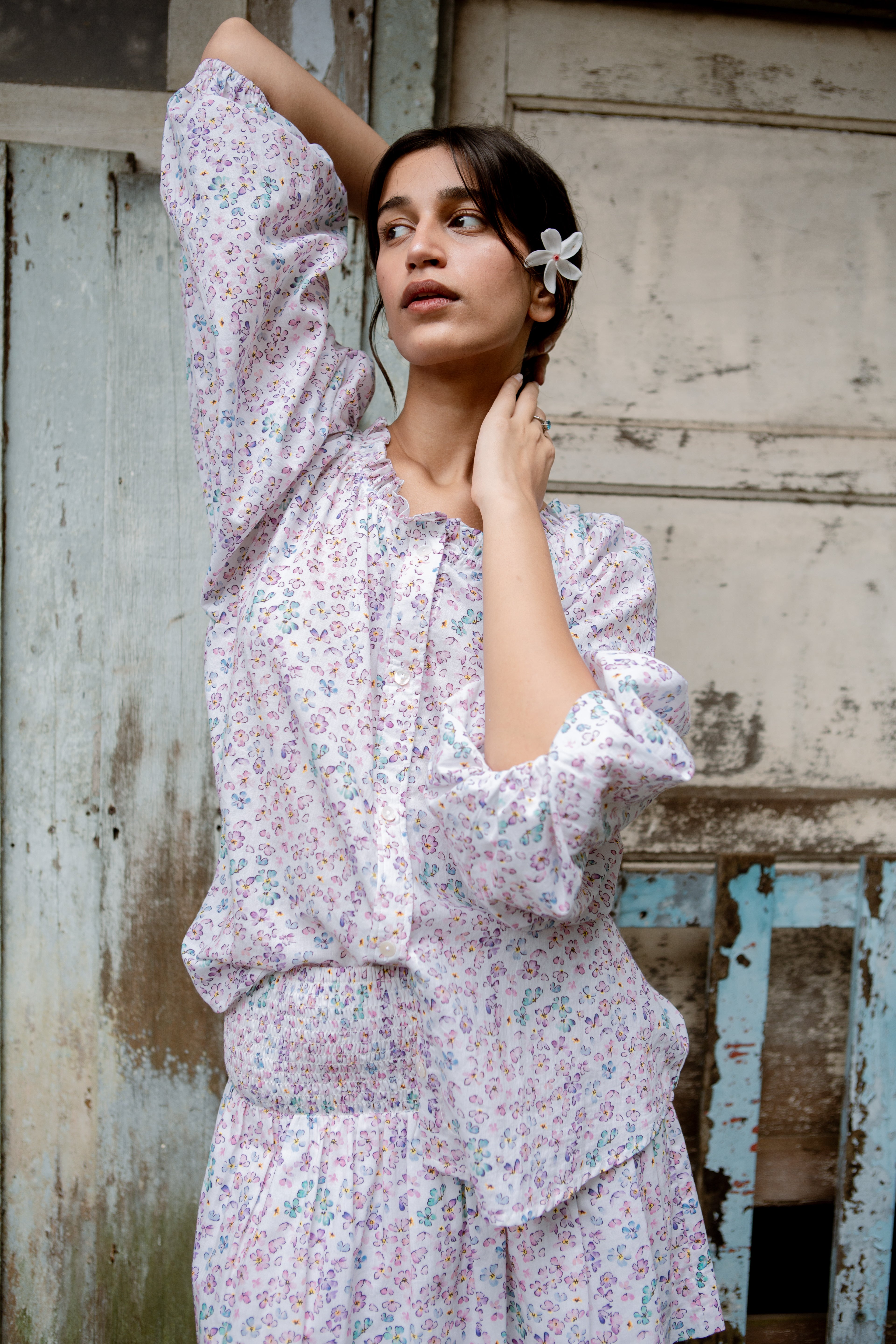 Drawcord Ruffle Blouse Ditsy Floral