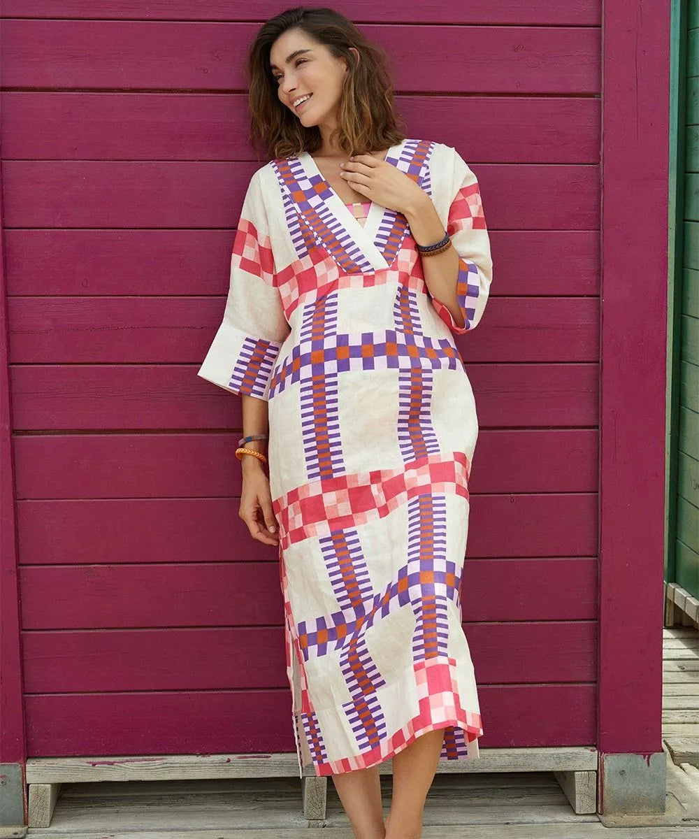 Linen Dress Delphinius Beige & Fuchsia