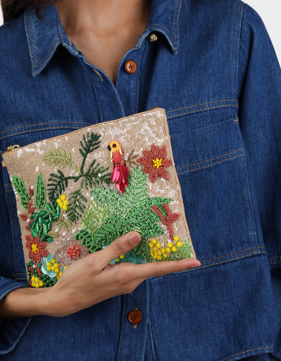 Tropical Forest Sequin Pouch Beige