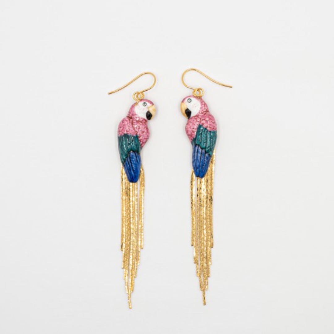 Pink Parrot With Fringe Earrings