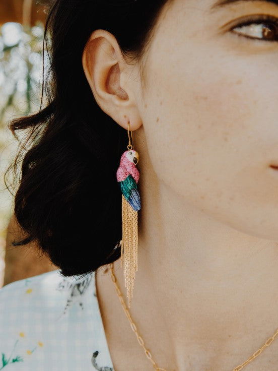Pink Parrot With Fringe Earrings