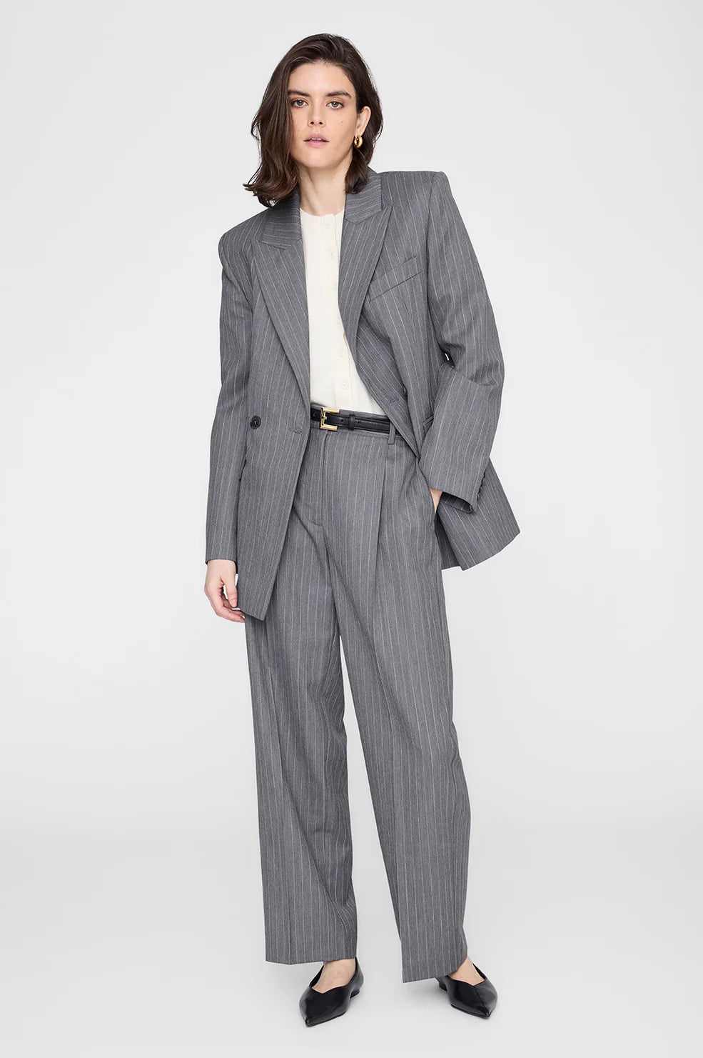 Trent Cropped Trouser – Light Grey Pinstripe