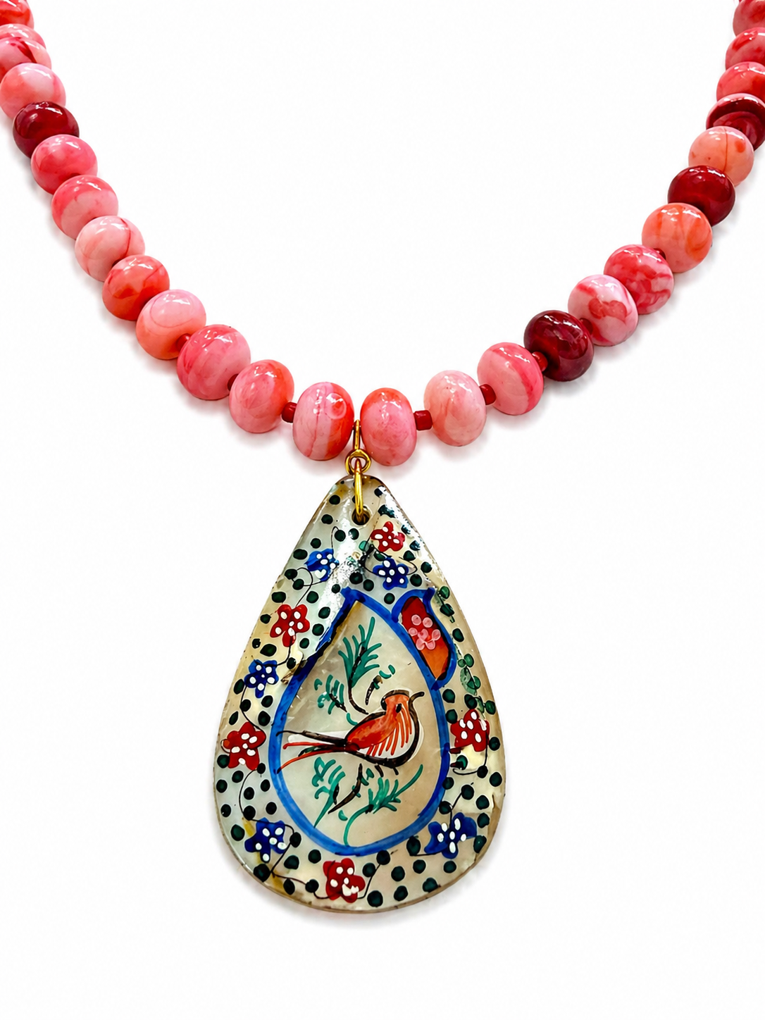 Vintage Painted Middle Eastern Shell Pendant Necklace (Nightingale)