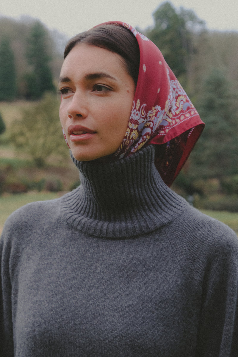 Small Scarf Bandana Flowers Burgundy Silk