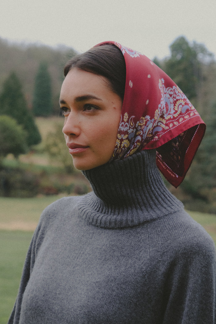 Small Scarf Bandana Flowers Burgundy Silk