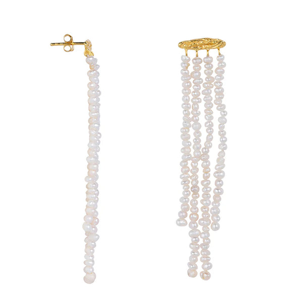 Hammered Hanging Pearls Stud Earring Gold Plated - Betty Bogaers