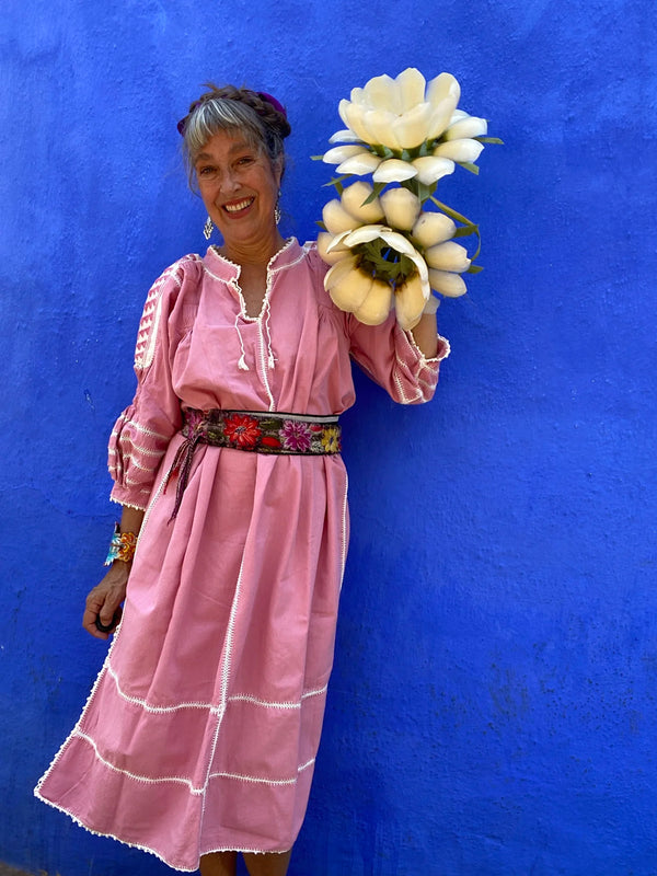 Espanola Dress Pink with Cream Stitch