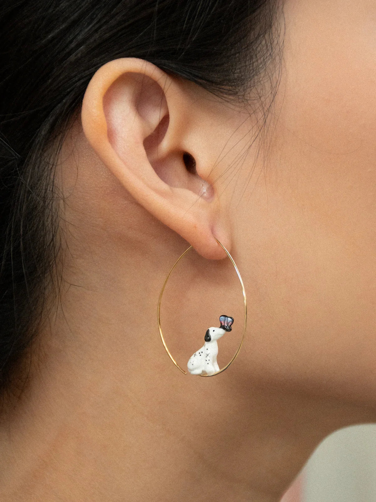 Dalmatian with Butterfly Hoop Earrings