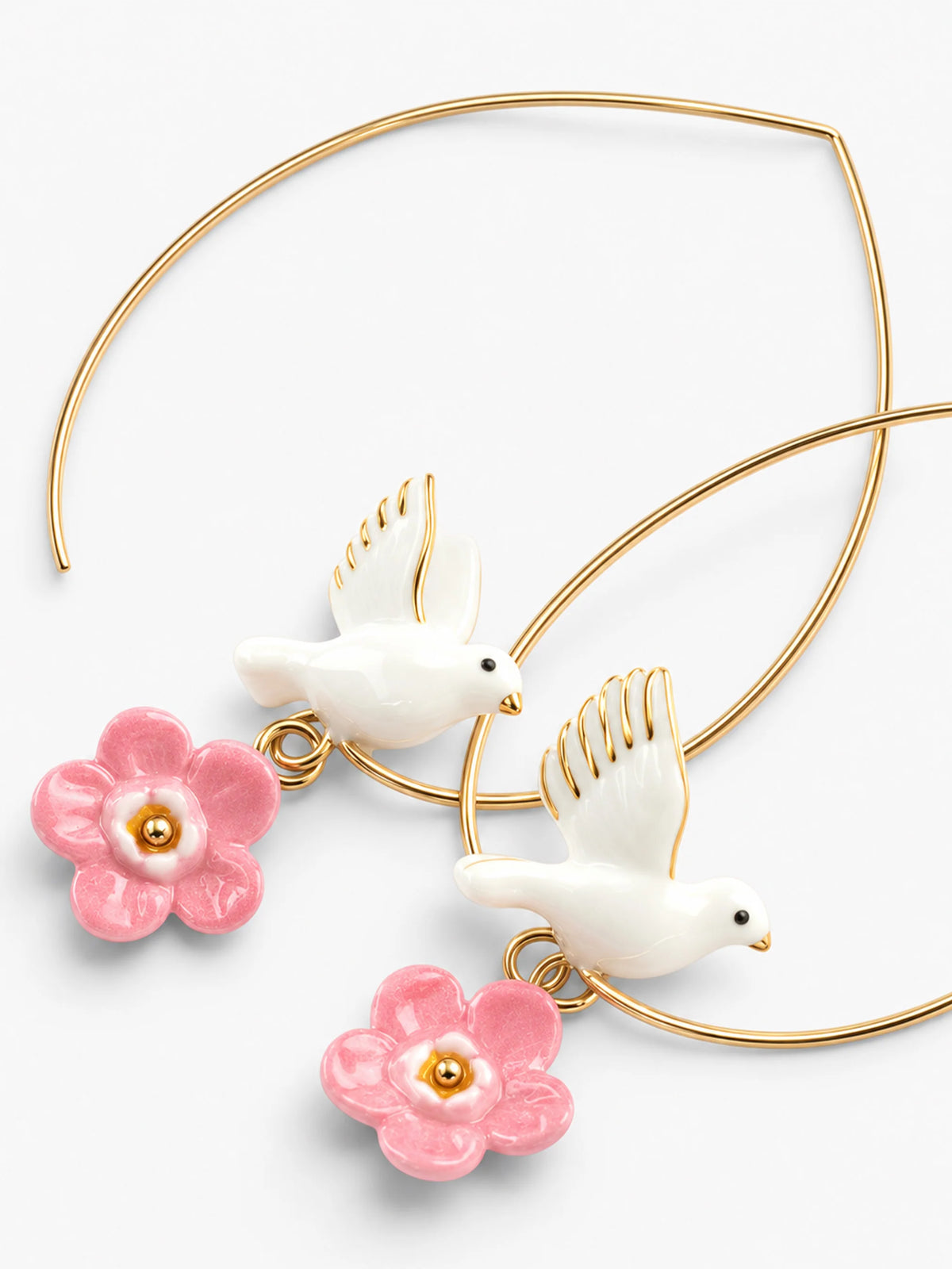 Flying Dove with Forget-me-not Flower Hoop Earrings