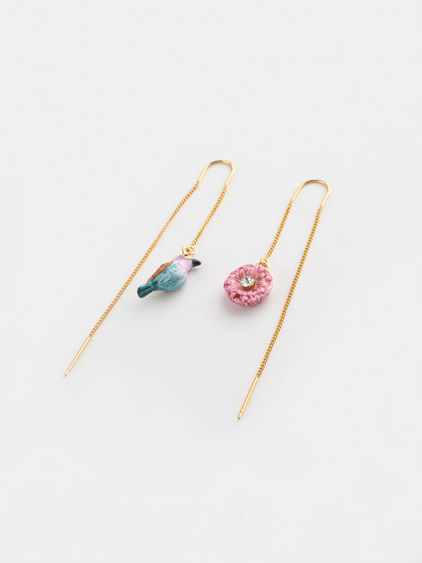 Pink&Blue Bird and Thistle Flower Long Pendant Earrings - Nach