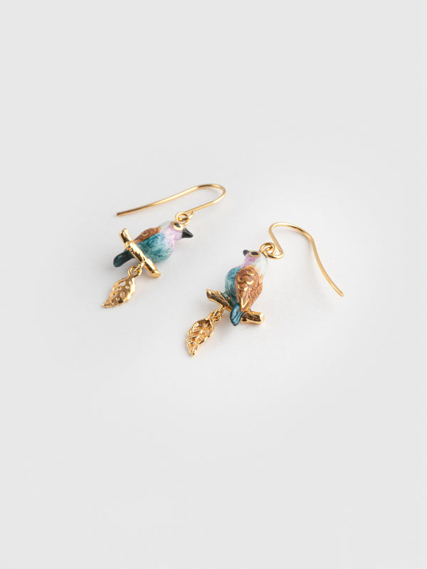 Pink&Blue Bird on Branch with Gold Leaf Pendant Earrings - Nach