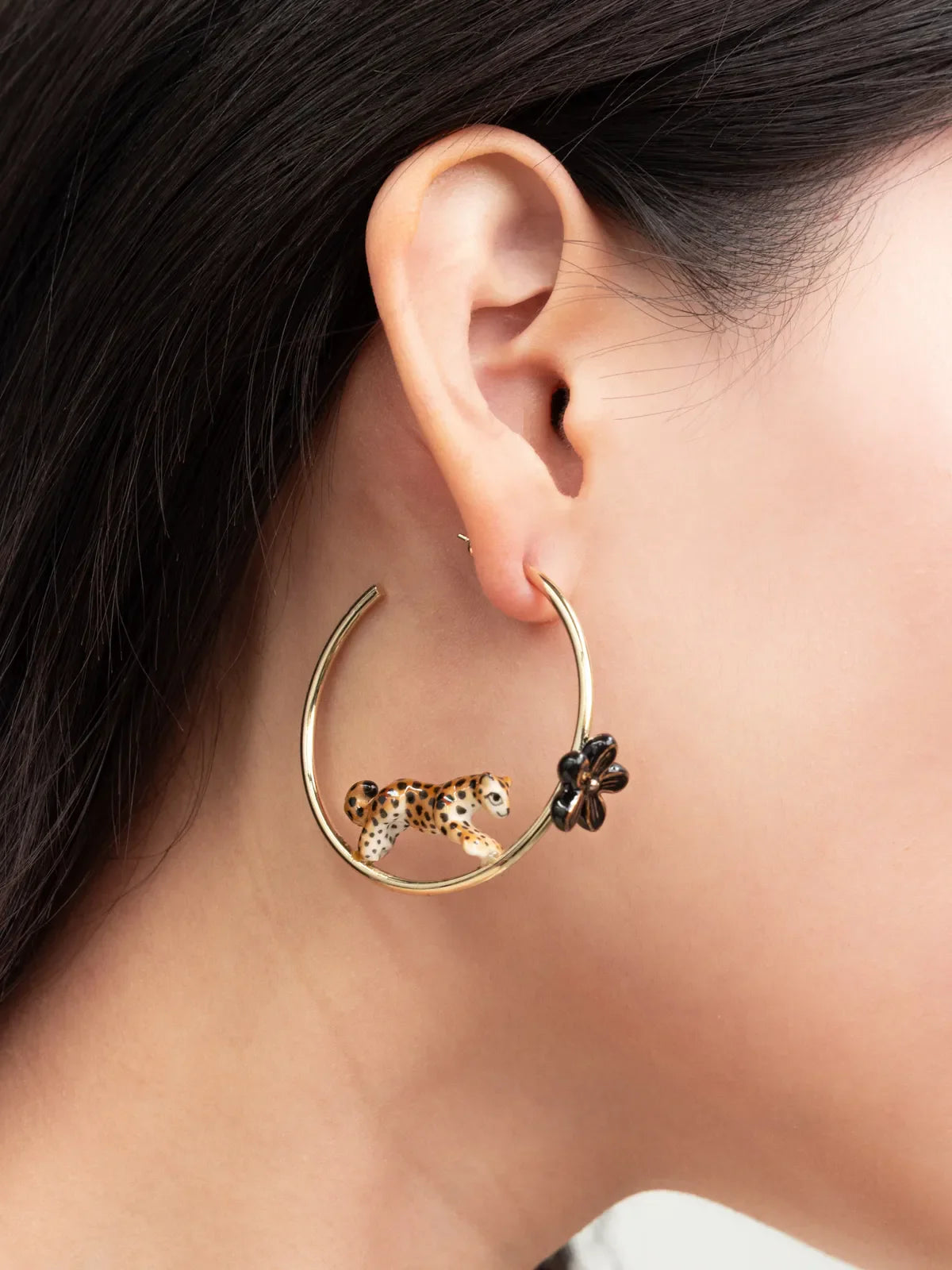 Leaping Leopard on Half-moon Earrings