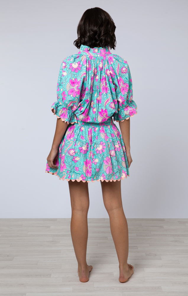 Poplin Blouson Dress W/ Block Print & Ric Rac Trim - Juliet Dunn