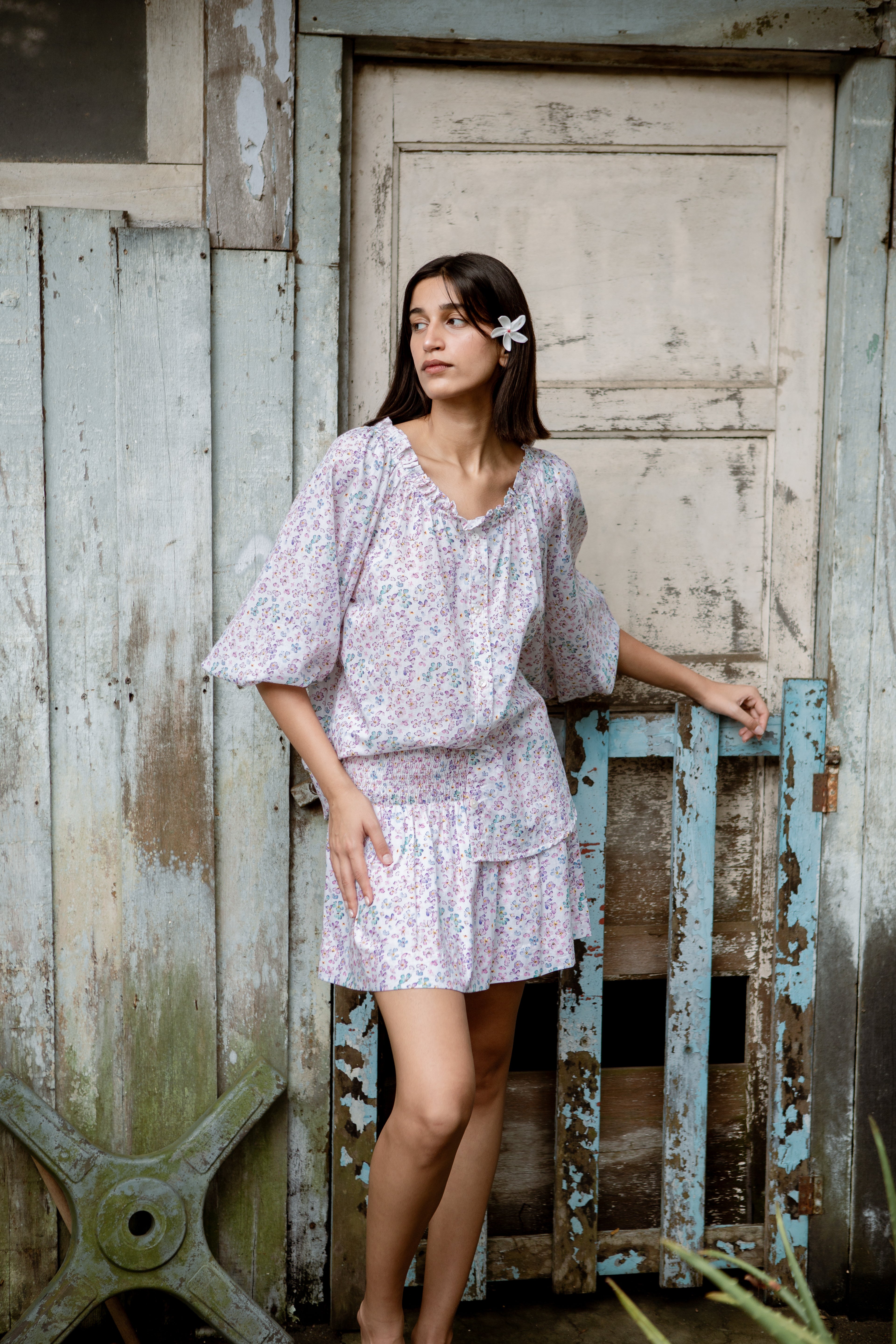 Drawcord Ruffle Blouse Ditsy Floral