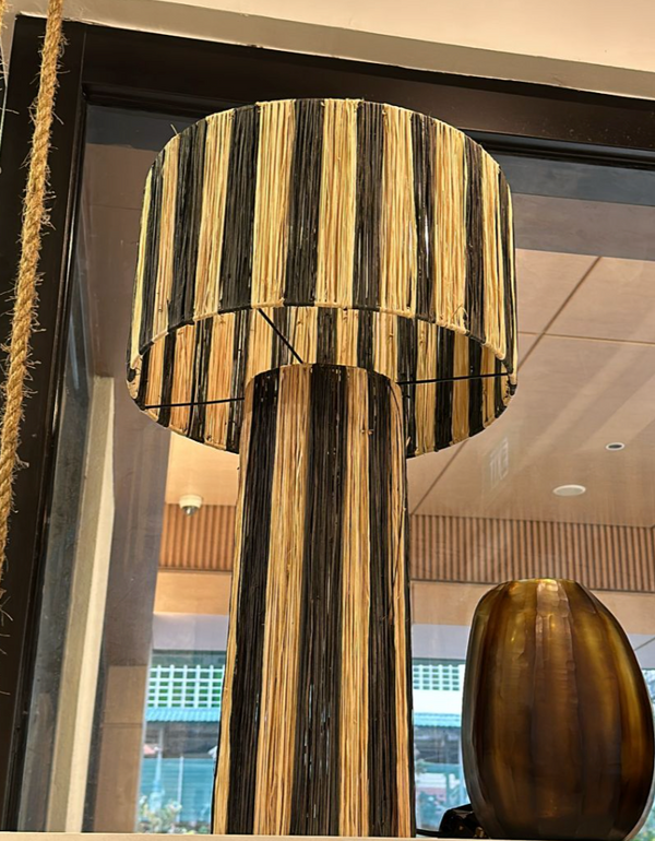 Black pinstripe raffia lamps