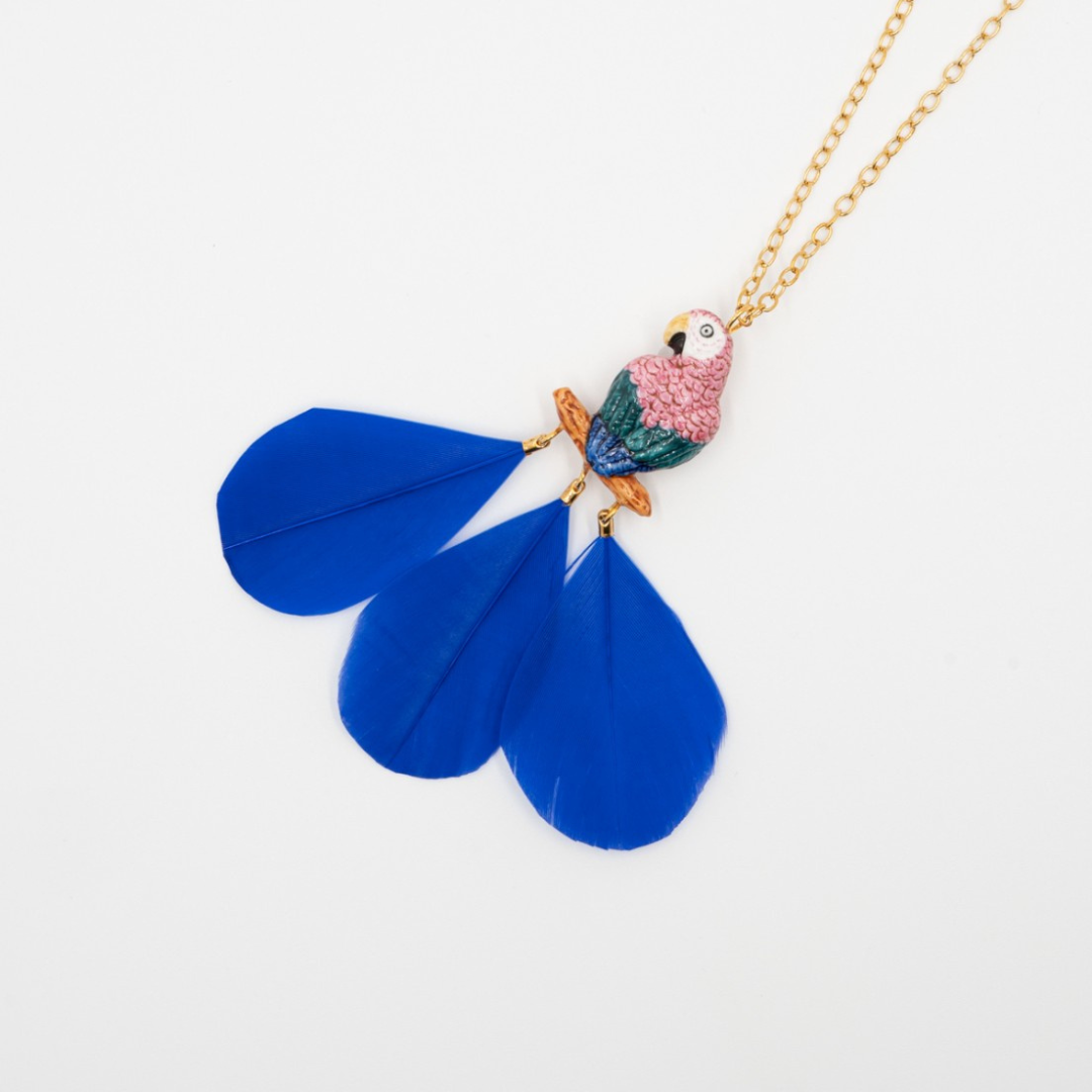 Pink Parrot on Branch with Feather Necklace - Nach