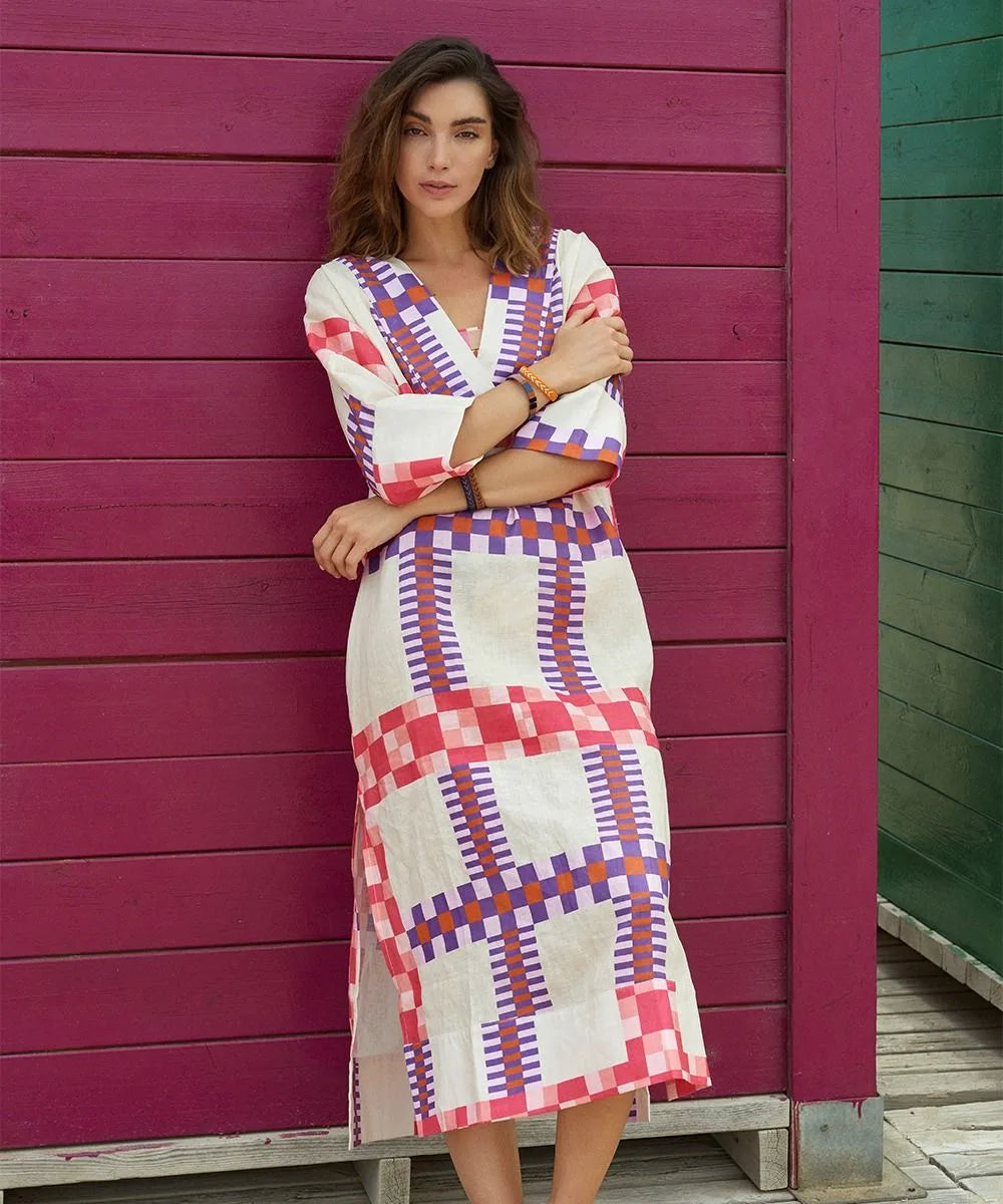 Linen Dress Delphinius Beige & Fuchsia