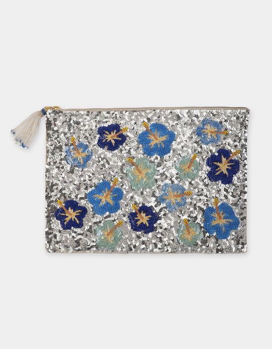 Hibiscus Sequins Pouch Blue - Olivia Dar