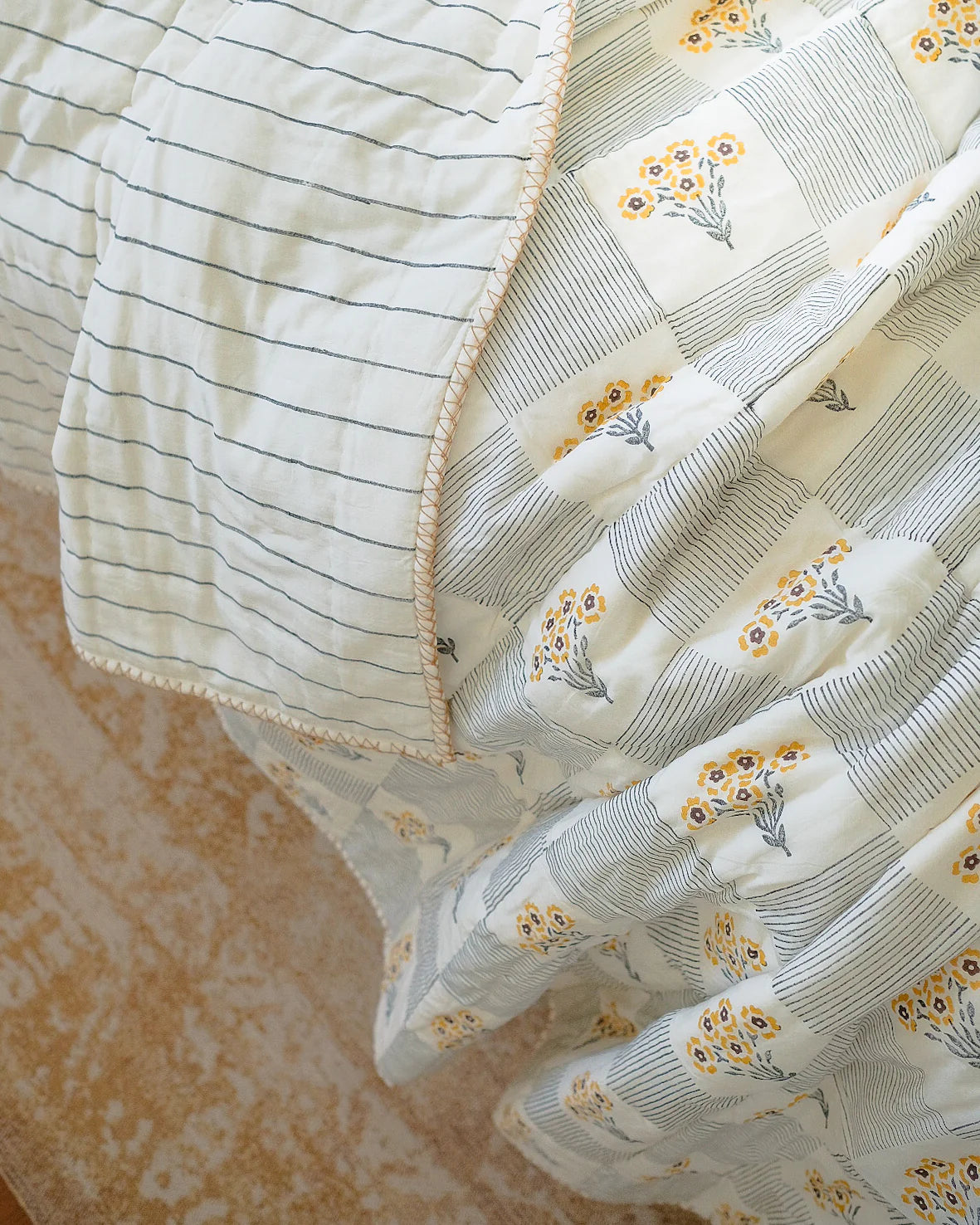 Shabana - Hand Block-printed Reversible Quilt - Blue