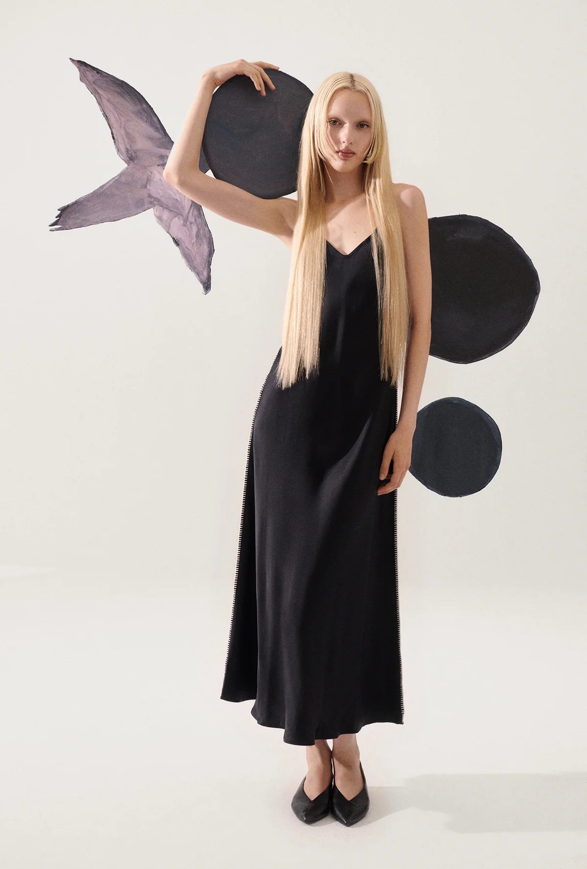 Silk Laundry Black 90s Slip Dress Blanket Stitch