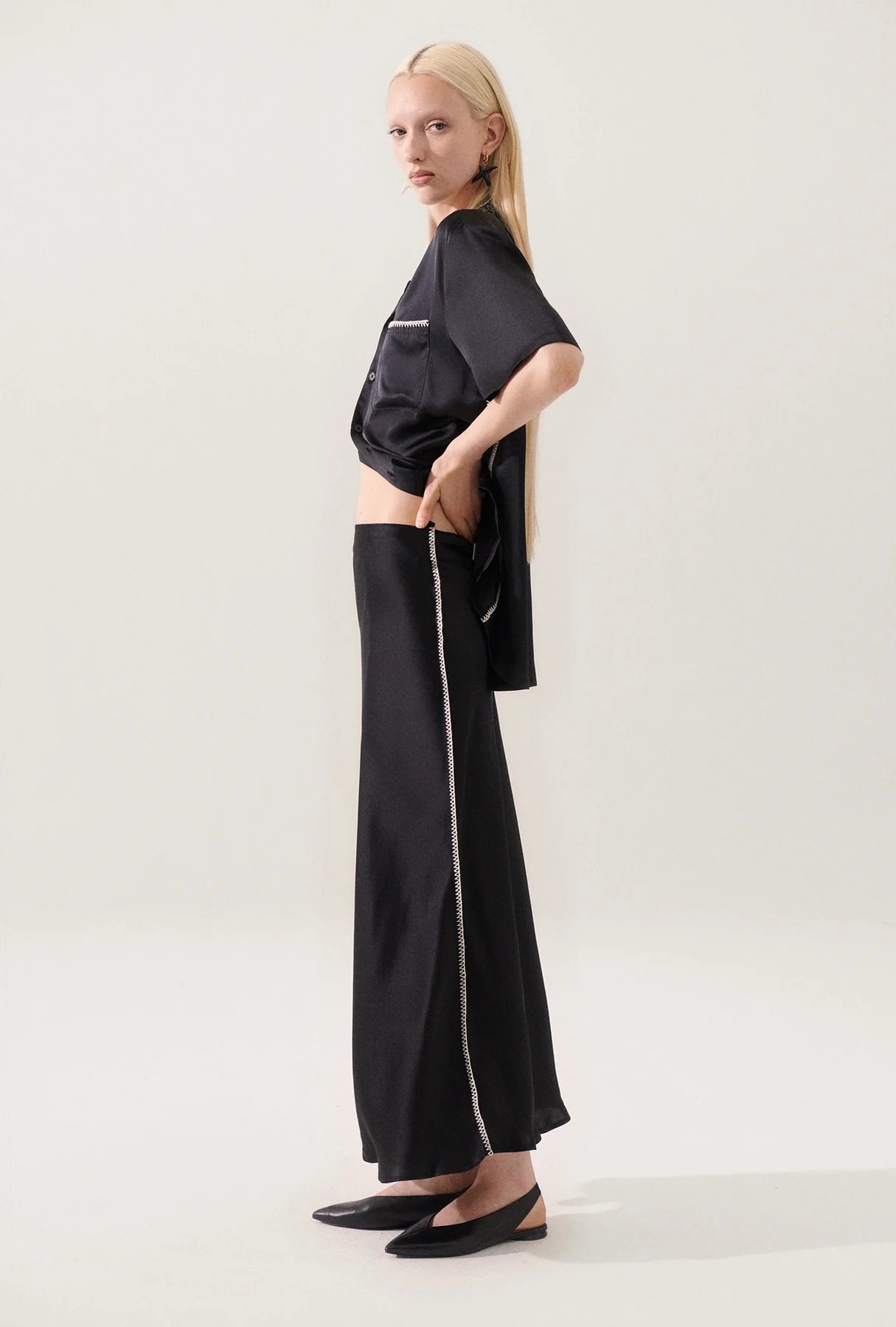 Long Bias Cut Skirt Blanket Stitch Black