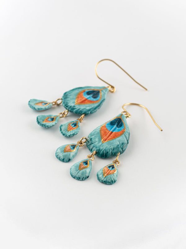 Harvest Time Peacock Feather Pendant Earrings - Nach