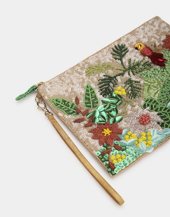 Tropical Forest Sequin Pouch Beige