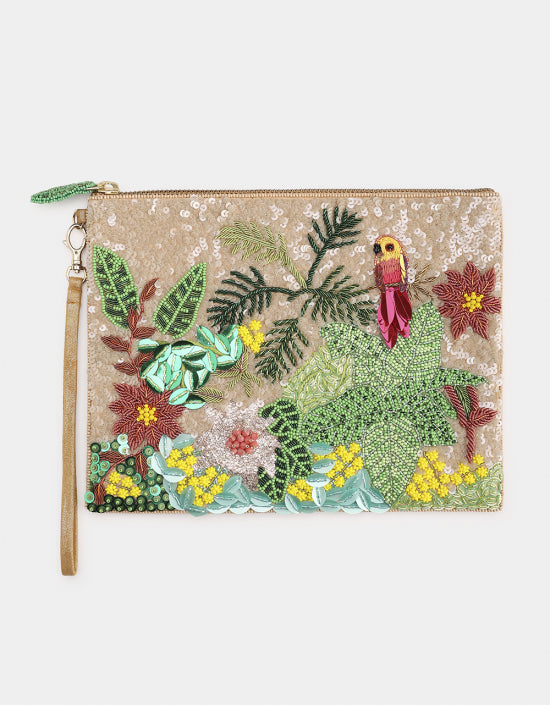 Tropical Forest Sequin Pouch Beige