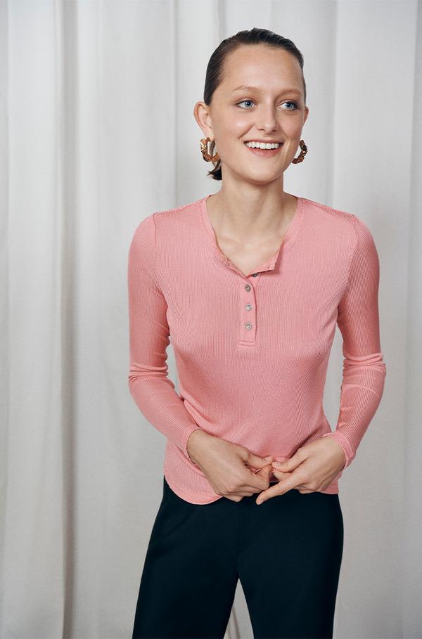 Ribbed Long Sleeve Henley Roseate