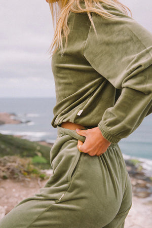Velour Crop Hoodie Khaki - Araminta James