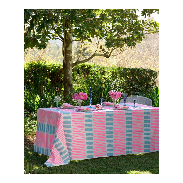 Table Cloth Turkish Stripe Highlighter Pink + Pale Blue - Aquadoor