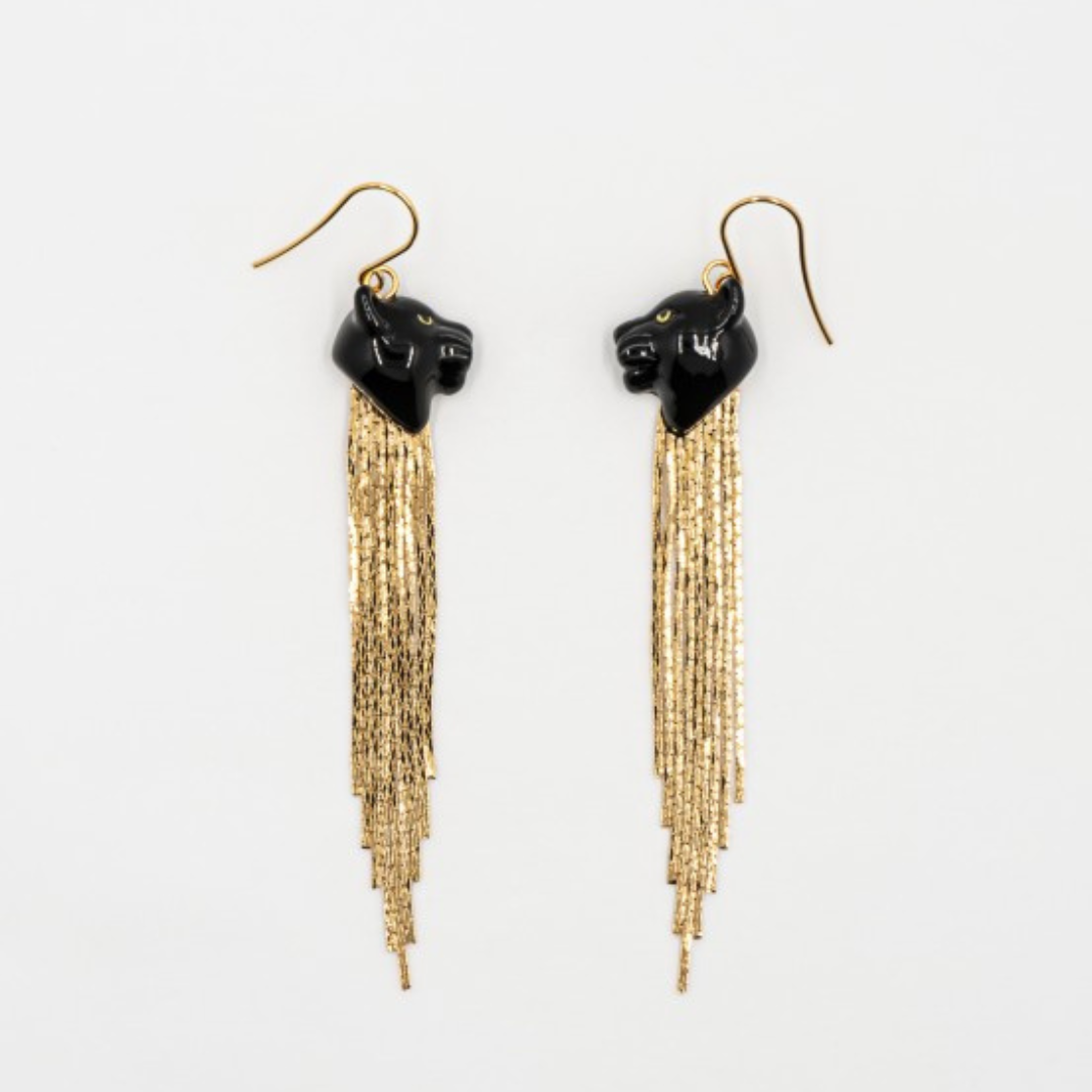 Black Panther With Fringe Earrings