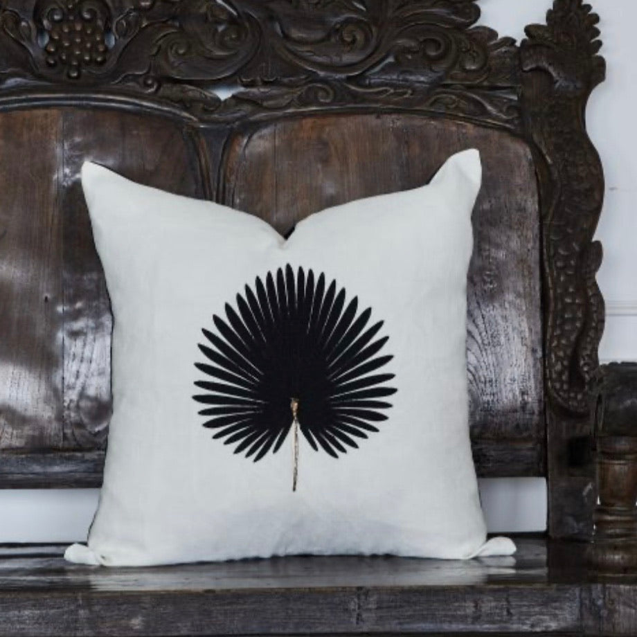 Kava White Linen Cushion with Black Palm